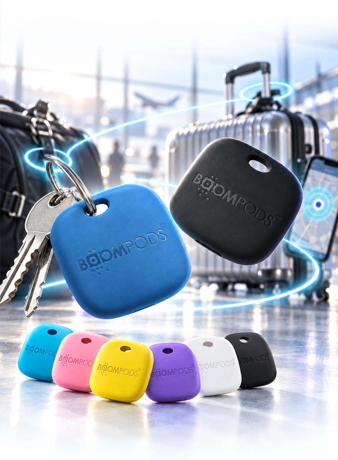 鍵につけたブルーのスマートタグとUNIVERSAL。ピンク、黄色、紫、白、黒のカラーバリエーション。